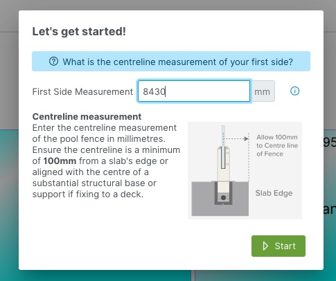 A screenshot of the "Lets get started!" dialog with the "Enter Side Measurement" text input filled in with 8430mm